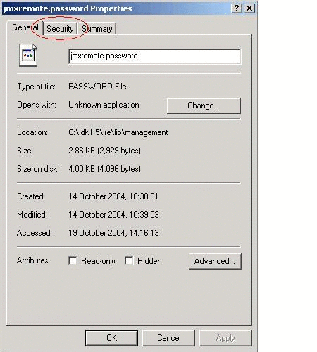 Displaying the jmxremote.password file's security properties